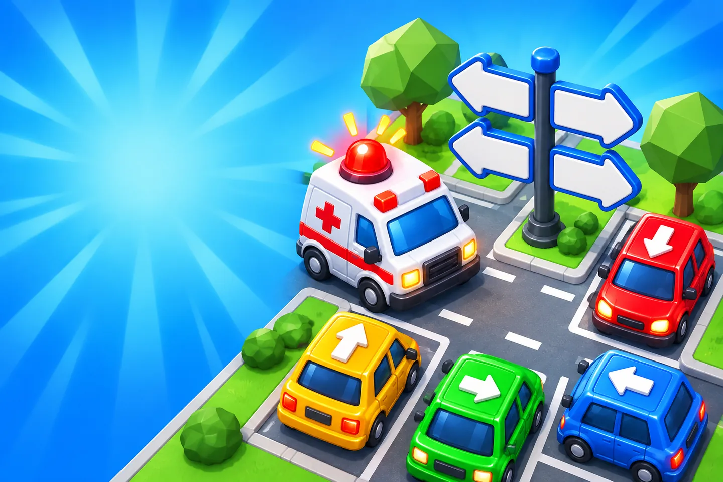 A toy ambulance at a crossroads beside a signpost with four blank arrows.
