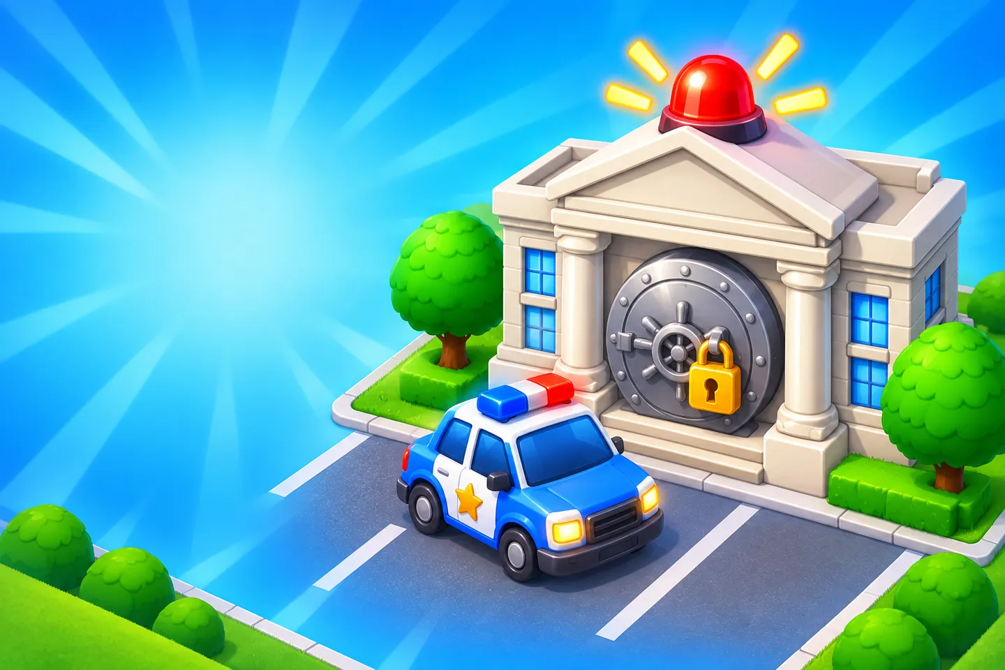 A toy police car parked in front of a bank vault door with a gold padlock.