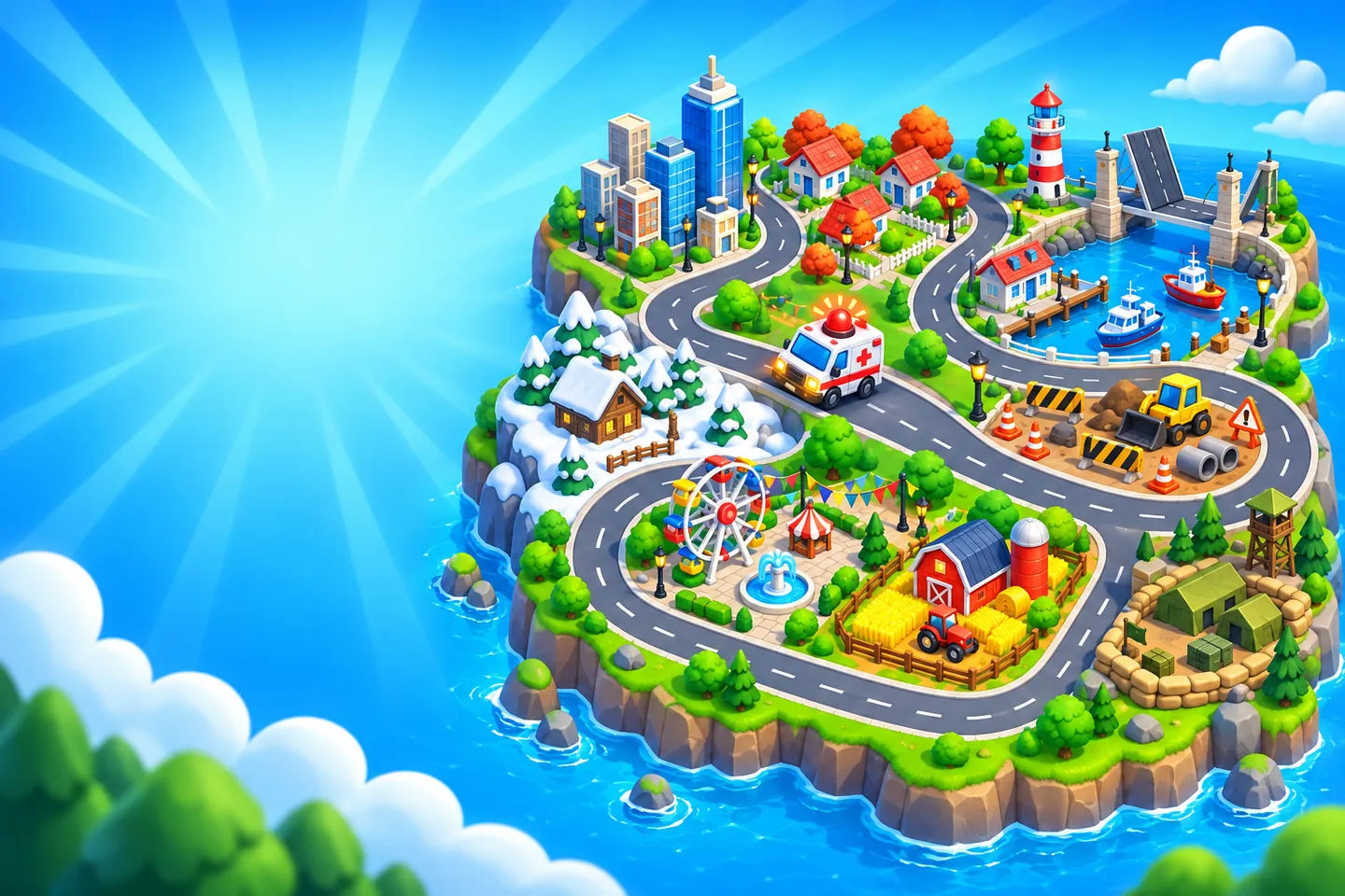 A toy island with eight small districts joined by one winding road: city towers, suburbs, a harbour with a drawbridge, roadworks, snowy hills, a festival, a farm and an army camp.
