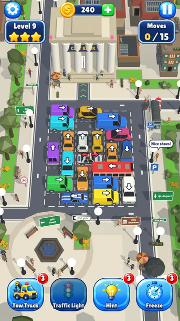 Level 9, Downtown: a police car boxed in by rows of cars outside the city bank, an arrow on every car.