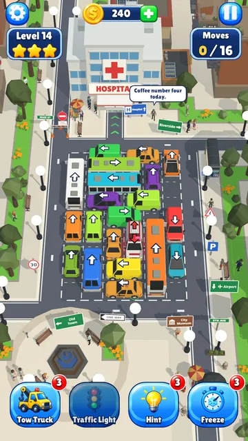 Level 14, Downtown: an ambulance boxed in by rows of cars below the city hospital.
