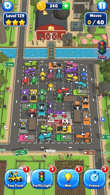 Level 129, Sunny Farmland: tractors and cars jammed below a red barn, with a canal across the road.