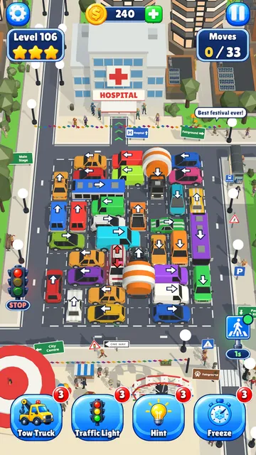 Level 106, Festival Square: a packed car park below the hospital, with festival bunting across the square.