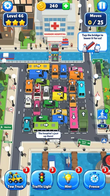Level 46, Harbor City: a car park by the water; a raised drawbridge blocks the road to the hospital.