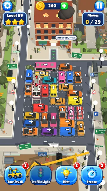 Level 69, Roadworks District: a jam in front of a burning building, with a digger and barriers by the road.