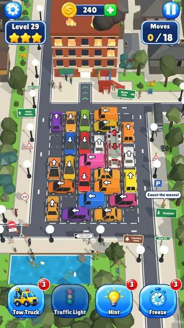 Level 29, Maple Suburbs: a fire engine stuck in the jam while a brick house burns at the top of the street.