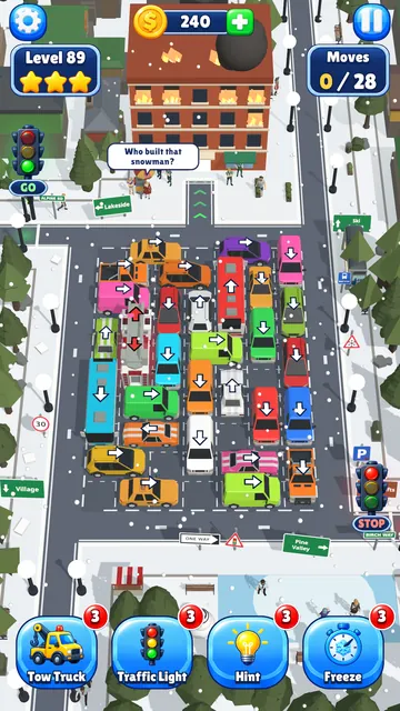 Level 89, Snowy Heights: a fire engine in a snowy jam below a burning apartment block, with a traffic light by the exit.