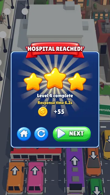 The Hospital Reached panel: three gold stars, a response time of 6.2 seconds and 55 coins earned.