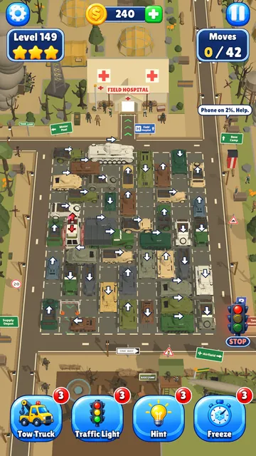 Level 149, Frontline Valley: army trucks and tanks jammed below a field hospital.